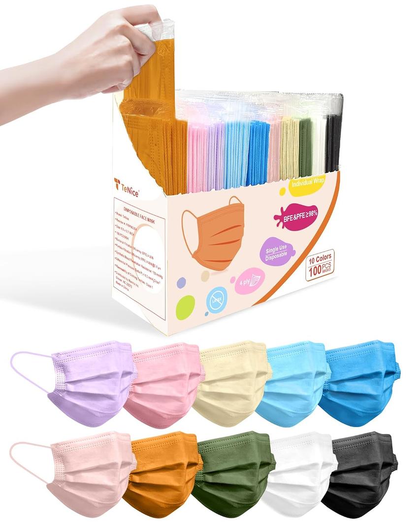 Adult Face Masks Disposable 100 Pack 10 Colors, 4 Ply ASTM Level 3