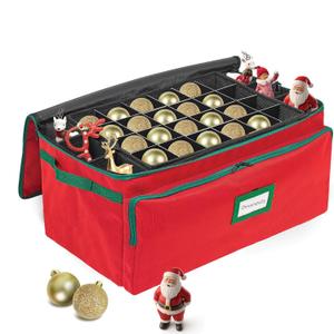 Premium Christmas Ornament Storage Box  Holds up to 72-3 Ornaments + 6 Side Slots for Figurines & Nutcrackers  Holiday Decoration Organizer  Durable 600D Red Canvas