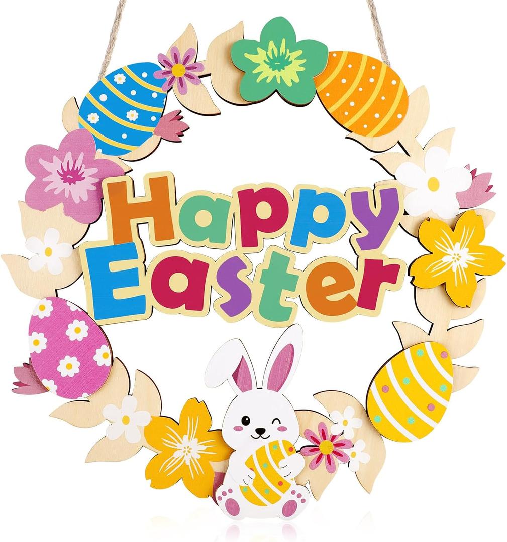 2 x 3D Easter Decoration Wooden Door Wreath for Front Door Sign Happy Easter Bunny Egg Wreath Hanging Wall Decor with Colorful Flowers for Home Indoor Outdoor Party Decor