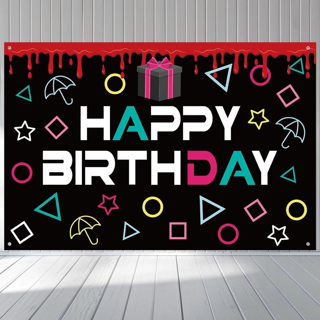 3.28x4.92 ft Happy Birthday Backdrop, Polyester Reusable Korean Games Backdrop Easy to Use Korean Games Party Decoration Supplies for Men Women Birthday