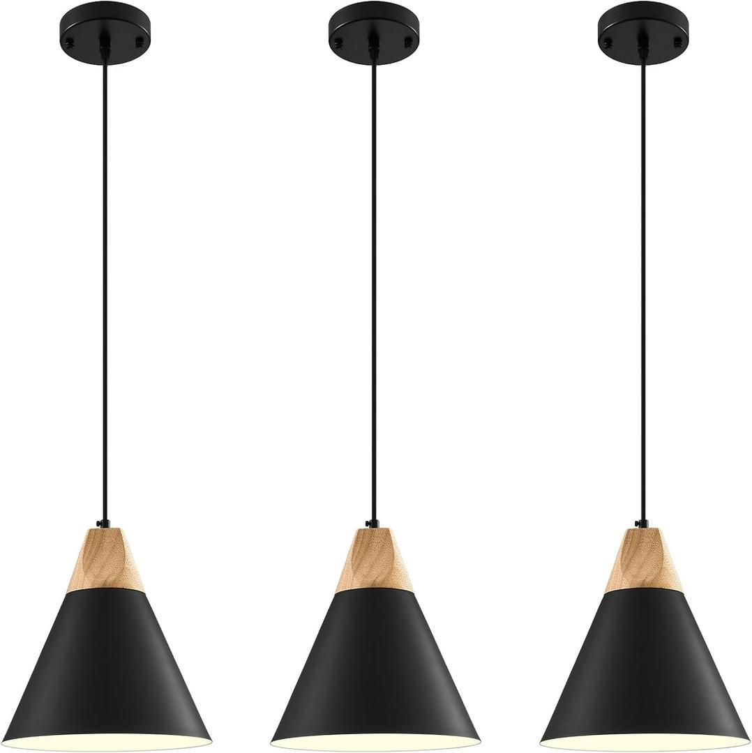 Modern Pendant Lights, 3 Packs 9.4inch Black Pendant Light, Kitchen Pendant Lights, Farmhouse Pendant Light for Kitchen, Living Room, Bar, Bedroom, Office, Ceiling 3 Packs