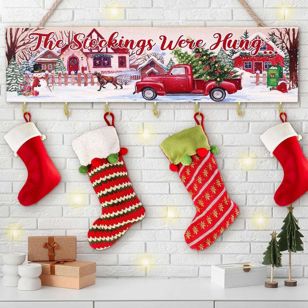Maitys Christmas Stocking Holder with 7 Hangers - Wooden Organizer Sign 'The Stockings were Hung' - Xmas Mantel Snowmen Wall Mount Hanging Hook for Mantel (Truck)