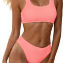 YIMISAN Women's Ribbed Two Piece Bikini Sets Wide Shoulder Strap Top Swimsuit with Mid Waist Cheeky Bathing Suit (Large, Coral Pink)