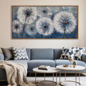 Dandelion Wall Art Blue Canvas Print Picture Framed Wall Art for Living Room Large White Flower Flora Home Decoration Modern(With Soild wood dark framed) Bedroom Artwork Wall Decor, 24×48IN-Dark Framed