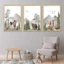 Set Of 3 Wild Woodland Nursery Animals Wall Art Decor 16x11 Inch Safari Foggy Forest Deer Bear Fox Posters Wood Framed Sign Jungle Children's Boys Girls Room Watercolor Prints Hang (Wood)