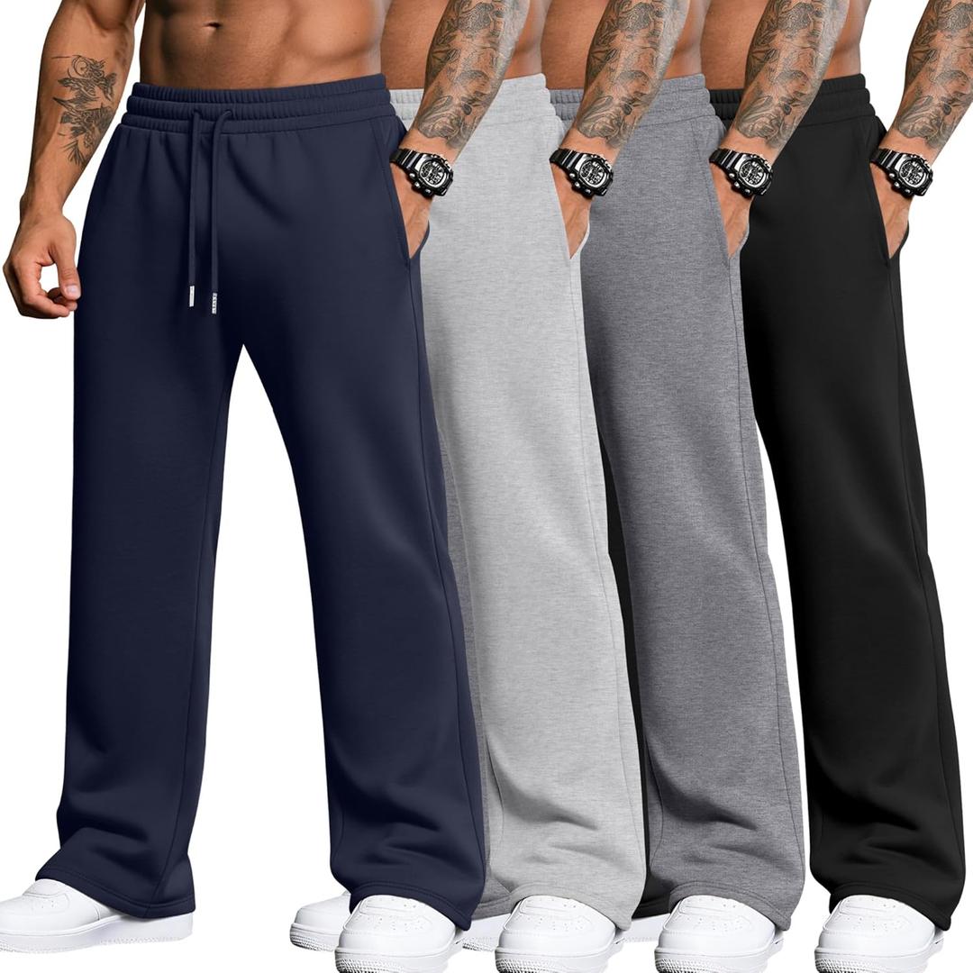 4 Pack Men's Big and Tall Sweatpants Thin Athletic Workout Joggers Baggy Lounge Drawstring Plus Pants with Pockets (Large, Black, Gray, Light Gray, Navy Blue)