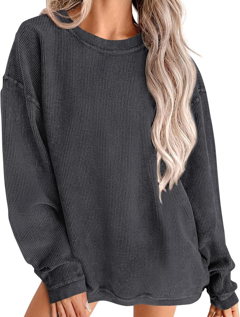 PRETTYGARDEN Women's Oversized Sweatshirt 2025 Fall Fashion Clothes Ribbed Corduroy Long Sleeve Going Out Pullover Tops (Dark Grey, Medium)  