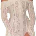 Sezhgswd Women Elegant Off Shoulder Lace Bodycon Maxi Dress Bell Sleeve Mesh Sheer Mermaid Wedding Party Dress, White, S