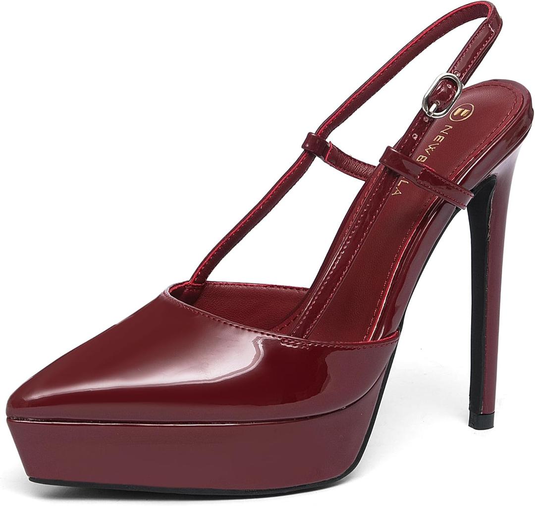 NEWBELLA Women's Patent Leather Platform Pumps Stiletto Heels Slingback Sandals with Ankle Strap-Pointed Toe High Heels