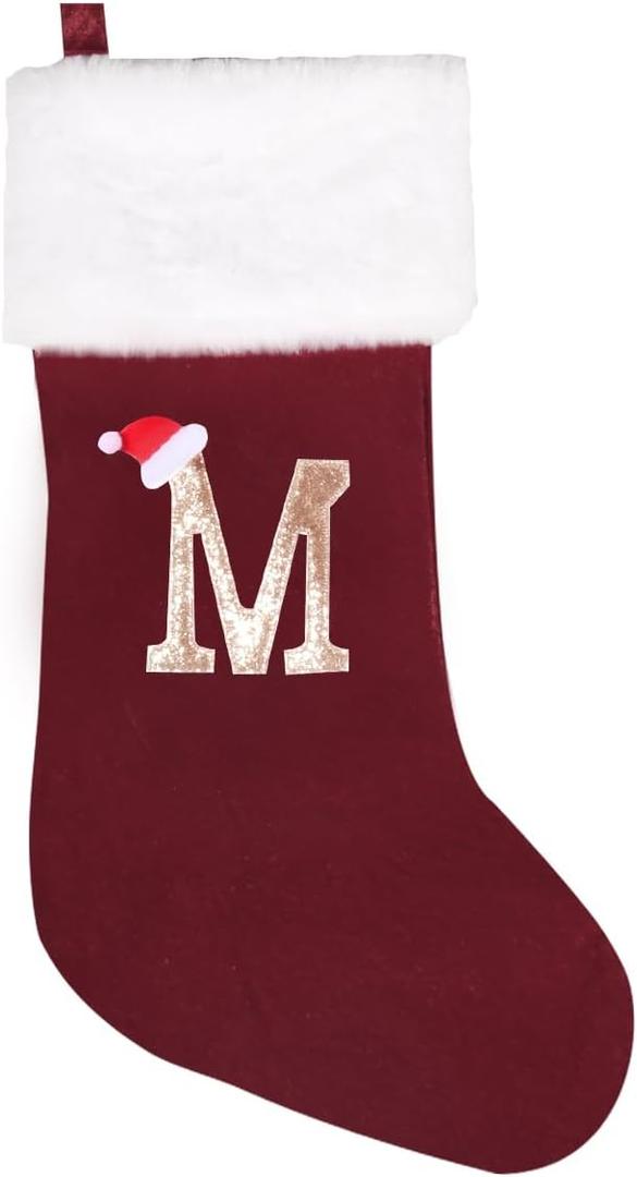 20 Inches Initial Monogram Christmas Stocking Personalized,Deluxe Black Velvet Body with Super Soft Plush Cuff Embroidered Letter,Holiday Season Decor (Wine Red, Letter M)