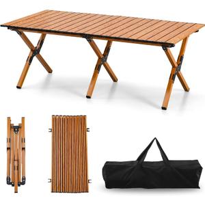4Ft Aluminum Folding Camping Table, Portable Picnic Table, Outdoor Lightweight Collapsible Camp Table, Roll-up Camping Table for Beach,Party, Patio, BBQ, Travel, Backyard (Wood Upgraded Version), 47.2" x 23.6" x 17.7"