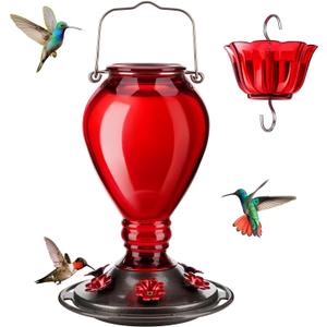 Kingsyard Glass Hummingbird Feeder - 6 Bee Guard Feeding Ports & Ant Moat, 24 oz Leak Proof, Wild Bird Feeder for Outdoors Hanging, Easy to Clean & Refill, Garden Yard Dcor, Red