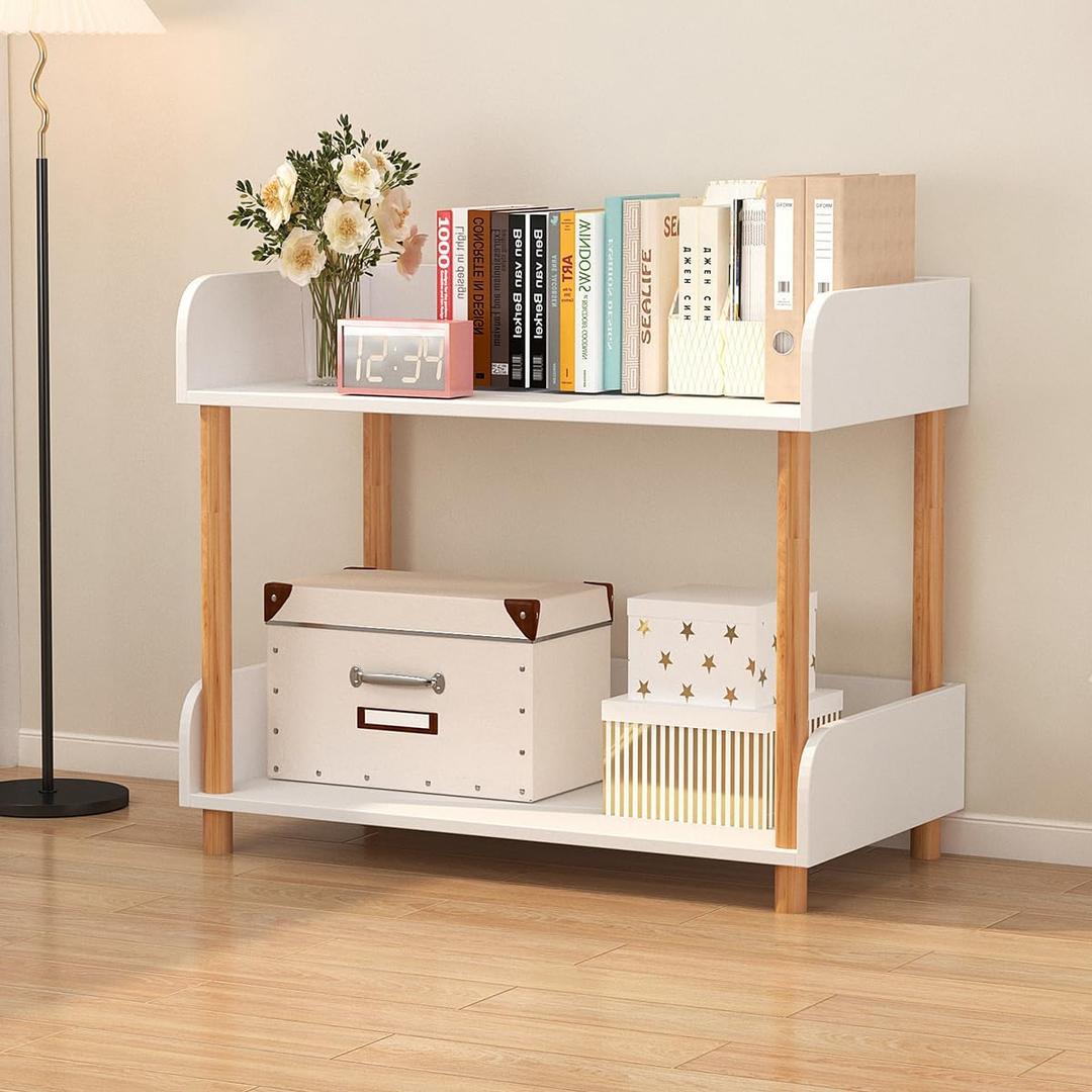 2-Tier Open Bookcase with Extra-Deep Shelves - Modern Display Bookshelf Premium Solid Wood for Living Room, Home Office & Bedroom, 11.8in Deep Storage Cabinet, Warm White (Warm White, Extra Large, 2)