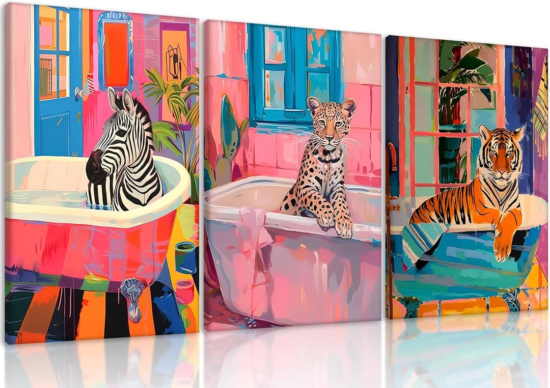 Framed Funky Bathroom Animal Wall Art set of 3, Tiger Leopard Zebra in Bathtub pictures Wall Decor, Pink Kitsch Aesthetic Animal Eclectic Posters Print Artwork for Restroom Bathroom (L12''W16'', Canvas)