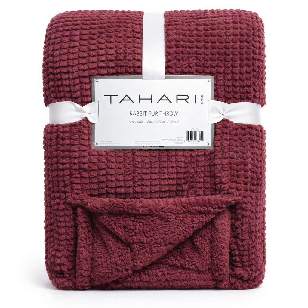 Burgundy Tahari Rabbit Fur Throw Blanket, 50in x 60 inches
