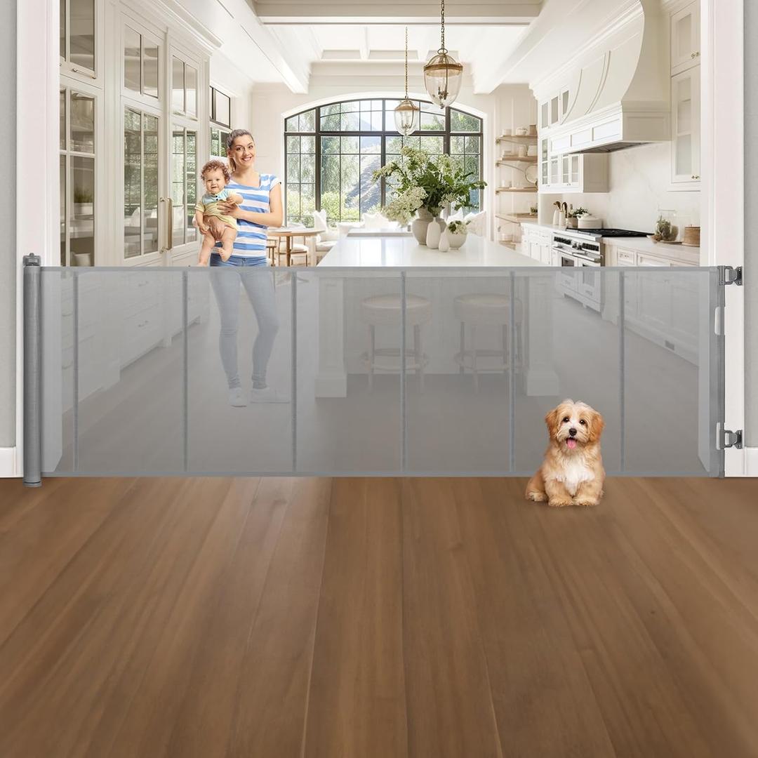 120 Inch Extra Wide Retractable Baby Gate for Large Opening, 33 Tall, Upgraded Dog Gate with Fiberglass Rods for Doorways, Indoor & Outdoor and Stairs, Gray