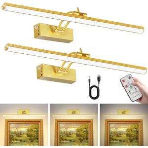 2Pack Picture Light, 5200mAh Rechargeable Picture Light for Wall with Remote Control and Timer, 300LM 16" Metal 3000K Warm Light Dimmable Art Light for Frame, Artwork, and Paintings(Gold) (Gold 2Pack)