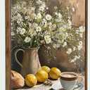 Floating Framed Vintage Floral Still Canvas Wall Art Lemon Kitchen Coffee Painting Picture Wall Decor Neutral Daisy Rustic Country Poster Print Artwork for Kitchen Livingroom Home Decoration
