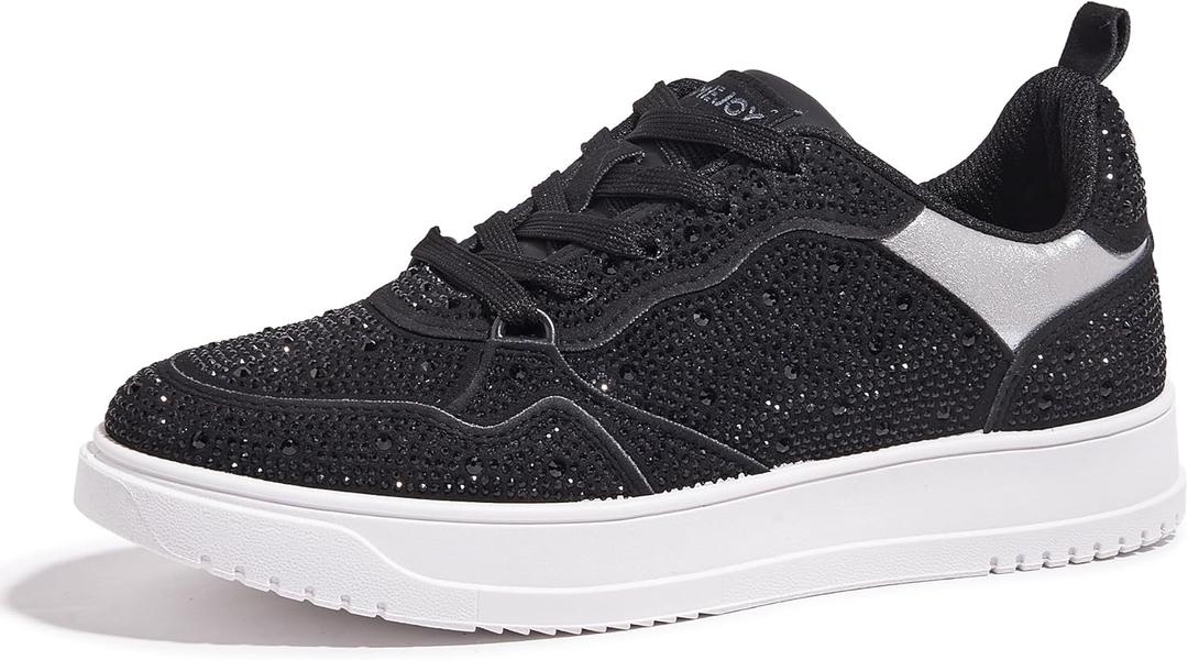 Women's Sparkly Rhinestone Sneakers Comfortable Athletic Glitter Platform Tennis Shoes for Casual, Gym & Fashion Outfits (9, Black)