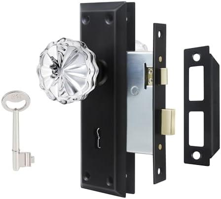 ToPToToo Mortise Lock Set Interior Door, Crystal Glass Door Knobs with Lock and Skeleton Key, Old Door Knob Replacement, Vintage Antique Door Handle, Matte Black Finish