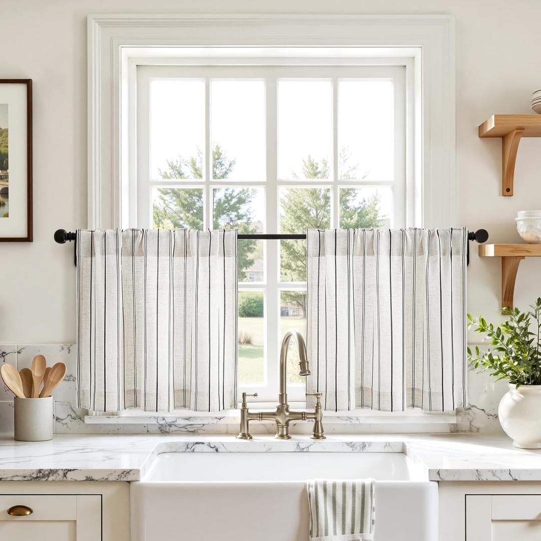 HOMEIDEAS Striped Linen Kitchen Curtains 24 inches, Boho Farmhouse Light Filtering Natural Tier Curtains Sets, Small Window Treatments for Bathroom Cafe RV 2 Panels, Black