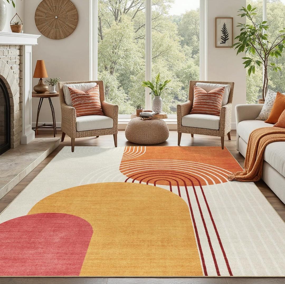 DCX Abstract Washable 10x12 Rug, Non Slip Low Pile Rug, Orange & Yellow