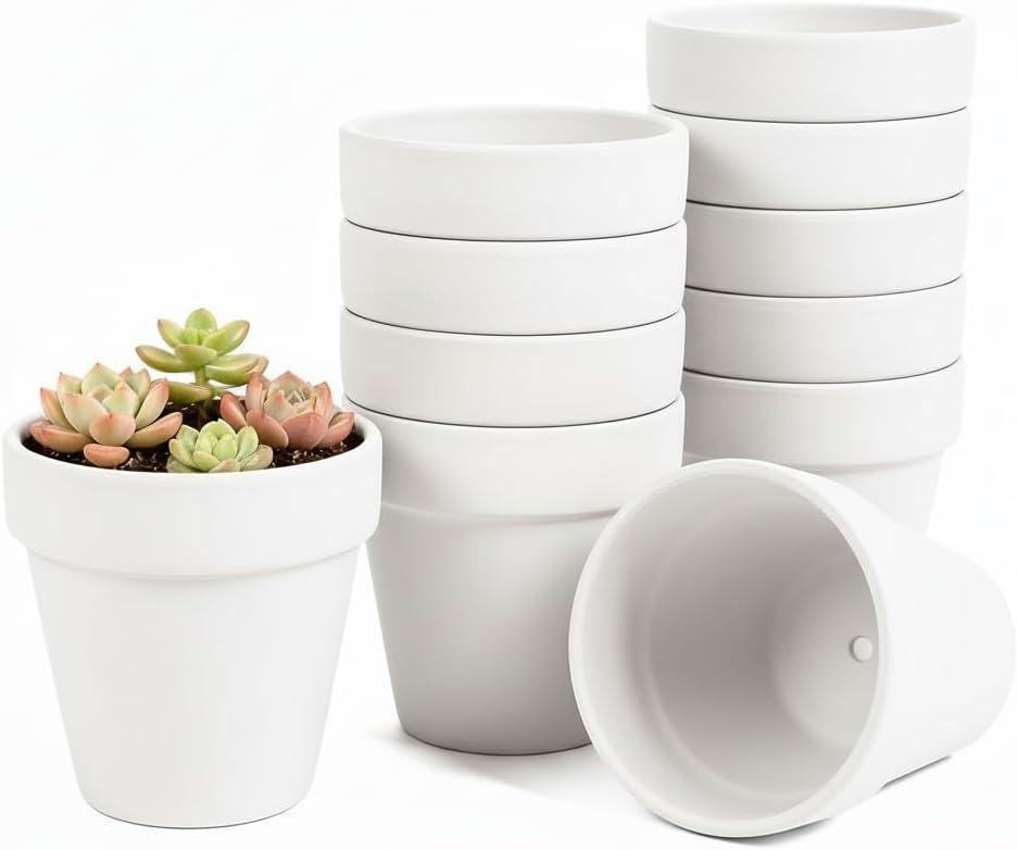 White 4 Inch, Terracotta Clay Pots with Drainage Holes, Pack of 20, for Succulents and Plants, DIY Crafts