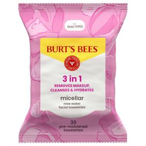 Burts Bees Micellar Rose Water Facial Towelettes, 100% Plant Based Cloth; 99% Natural Origin; Remove Makeup, Cleanse, Hydrate; No Greasy, Oily Residue; All Skin Types (Pack May Vary)