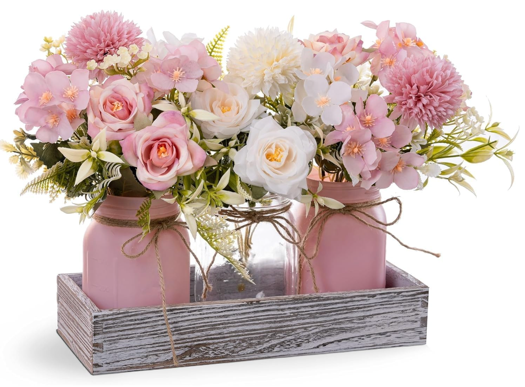 LUEUR Mason Jar Lights Centerpiece with Farmhouse Wood Tray – 3 Jars with Pink Rose Spring Flowers, Rustic Spring & Summer Wedding Decoration for Dining Table, Coffee Table, Kitchen & Living Room