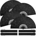 Blulu 4 Pcs 13 Inch Large Folding Hand Fans Bulk Giant Clapping Popping Rave Fans Foldable for Line Dancing Boots on The Ground Festival Party Decoration (Glitter Black,Chic Style)