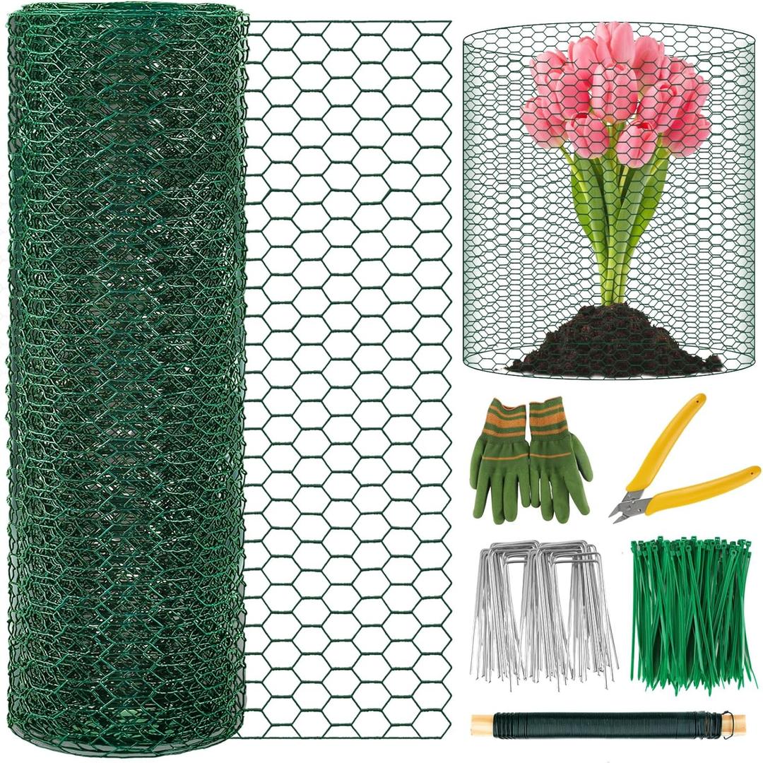 Convivium Plant Protectors from Animals, 0.8mm Free-Cut Green Chicken Wire Mesh, PVC Coated Tree Trunk Guard & Garden Fence for Outdoor Plants with Zip Ties, Stakes, Pliers, Gloves33Ft*16In