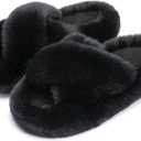 Chantomoo Women's Blue Memory Foam Faux Fur Lined Open Toe Slippers for Women, Size: 11-12