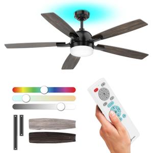 57-Inch Ceiling Fan with Lights and Remote, Top RGB LED & Dimmable Down Light, Ultra-Quiet, 6-Speed, Timer, Reversible Air Circulation Mode, All-Season Use for Bedroom, Living Room Black