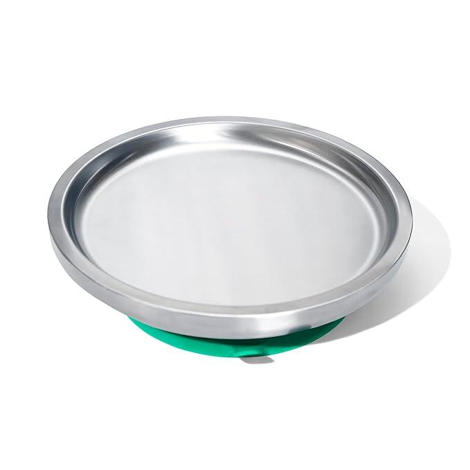 Avanchy Open Baby Plates with Suction Stainless Steel Divided Plates for Toddlers, BPA-Free, Dishwasher Safe, Unbreakable, Non-Toxic, 100% Silicone Suction, Open Green 