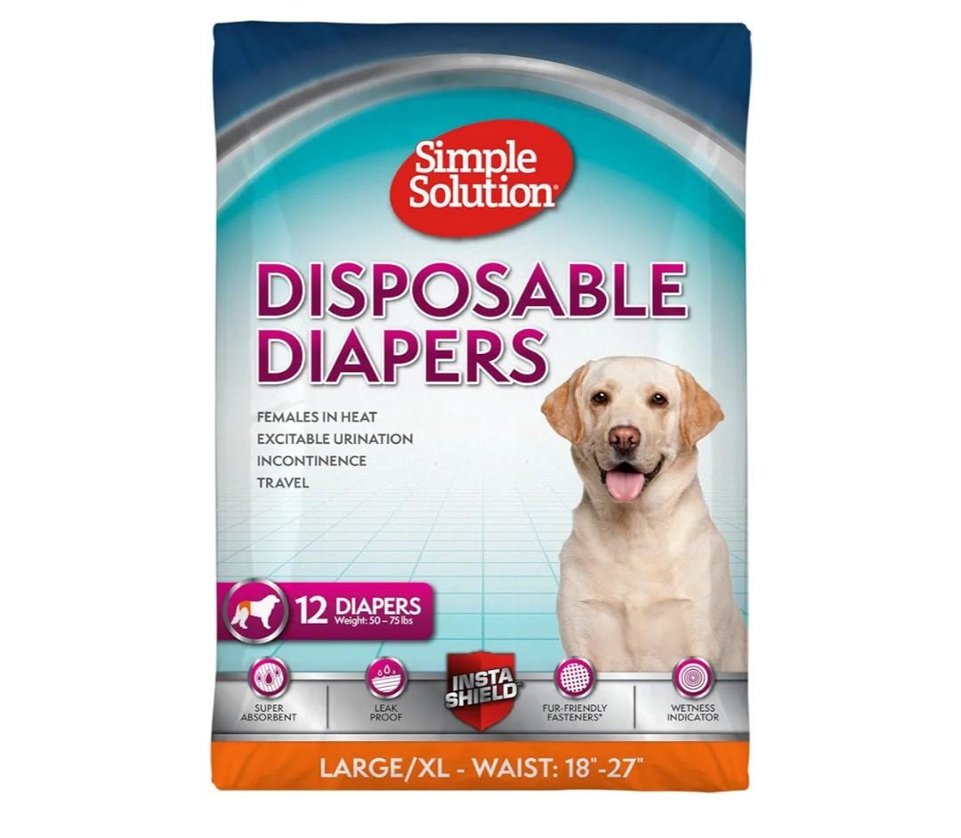 Simple Solution Disposable Female Dog Diapers, Absorbent Leak Proof Protection for Incontinence, Puppy Training, Heat Cycle, Travel, and Housebreaking, Large/XL Dogs, 18–27 Inch Waist, 12 Count