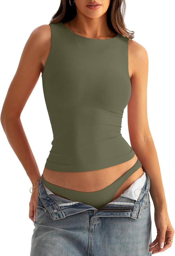Womens Boat Neck Seamless Tank Tops Sleeveless Double Layering Shirts Basic Going Out Tops Summer Outfits (X-Small, Army Green)