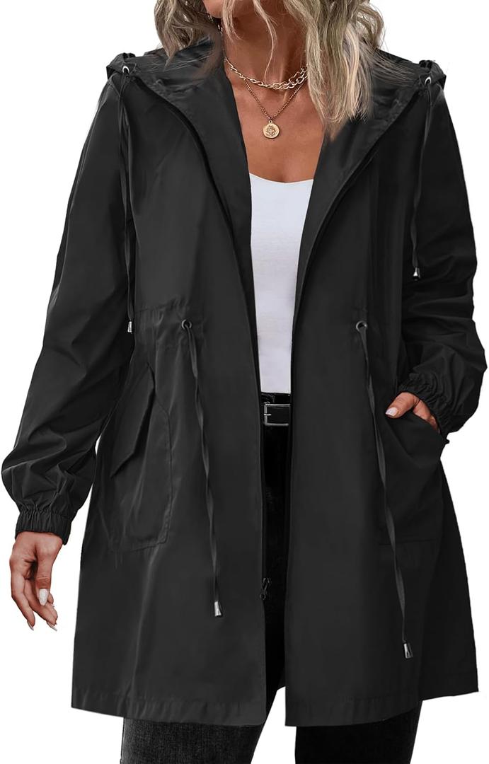 IN'VOLAND Women's Rain Jacket Plus Size Long Raincoat Lightweight Hooded Windbreaker Waterproof Jackets with Pockets (Black)