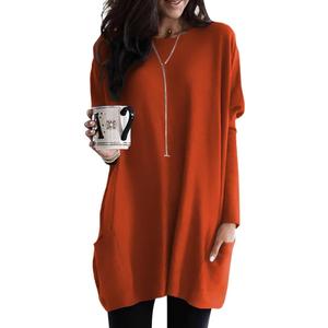 Poetsky Fall Womens Tunic or Tops to Wear with Leggings Long Sleeve Casual Long Shirts Blouses with Pockets (Red, M)