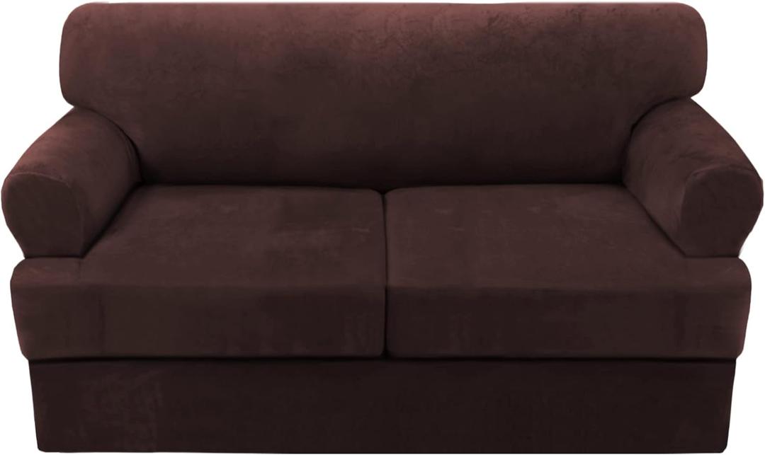 H.VERSAILTEX Sofa Cover 3 Piece T Cushion Loveseat Slipcovers Thick Velvet Couch Cover Furniture Protector Stretch T Cushion Sofa Covers for 2 Cushion Couch with 2 T Cushion Covers Washable, Brown (2 Cushion Loveseat)