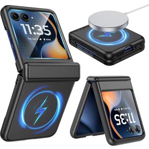 VEGO for Motorola Razr 2025/2024 Case[Compatible with MagSafe][Built-in Screen Protector][Hinge Protection] Hard PC Slim Full-Body Drop Protection Shockproof Phone Case for Razr 2025 2024-Spray Black