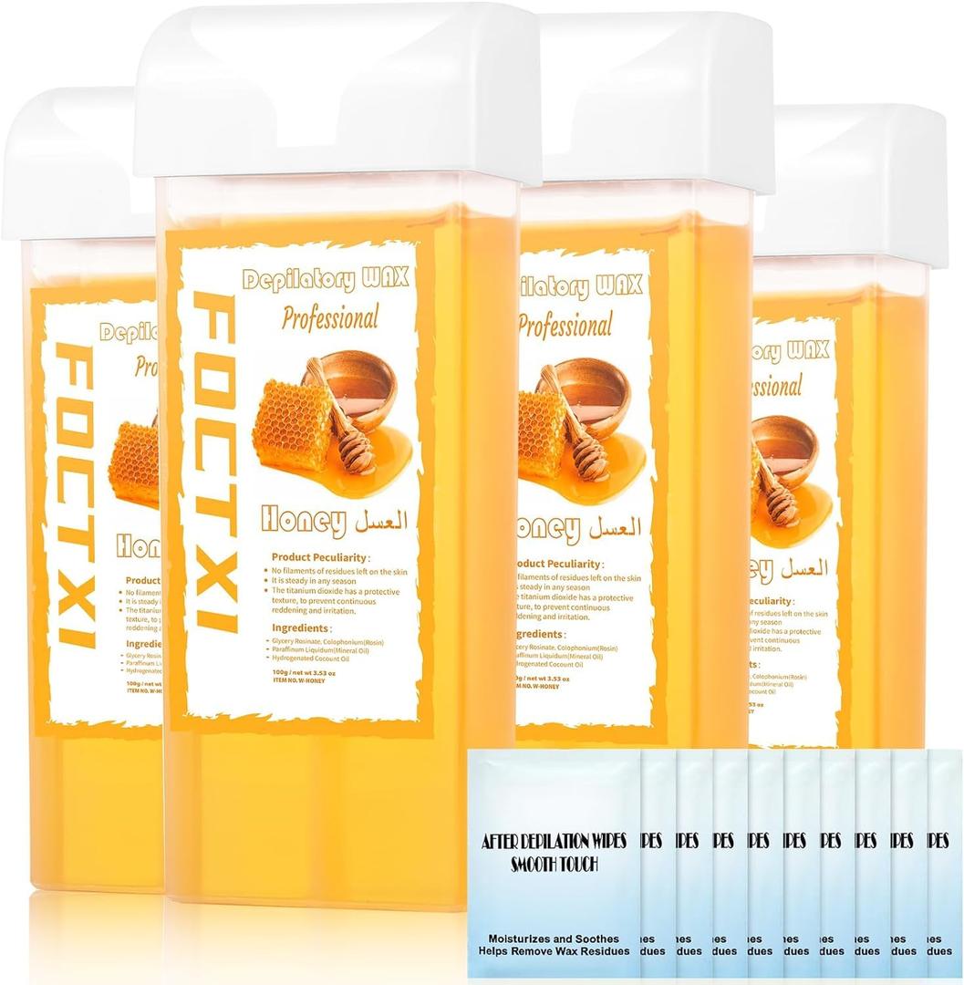 Wax Roller Kit ax Cartridge, Roll On Wax for Hair Removal, Roll on ax, 4 Honey Hair Removal ax Cartridge and 10 Pack Cleaning Oil Wipes for Women