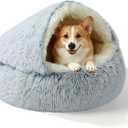 YUDANSI Calming Small Dog Bed & Indoor Cat Bed - Plush Fluffy Hooded Cave Nest, Anti-Slip Self-Warming, Removable Washable Zipper Cover, Built-in No-Collapsing Support (Grey-65cm/26in)