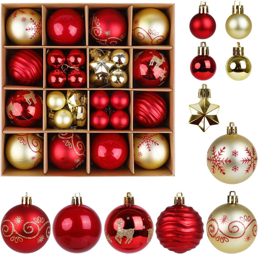 Christmas Balls Ornaments Set, 44 Pcs Xmas Shatterproof Plastic Baubles Hanging Balls for Christmas Tree Holiday Party Wedding Decoration (Red & Gold)