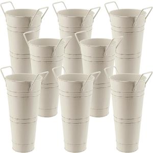 8 Pack 9 Inch Tall Galvanized Flower Bucket, Beige Farmhouse French Flower Bucket with Handle, Rustic Vintage Metal Vases for Flower, Centerpieces, Floral Wedding Arrangements