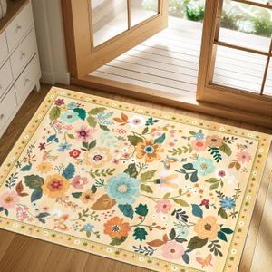 Floral 2x3 Area Rug Machine Washable Soft Print Boho Carpet Non Slip Doormat Low Pile Flower Area Rugs for Living Room Bedroom Nursery Kitchen Dining Room Indoor-Ivory/Yellow