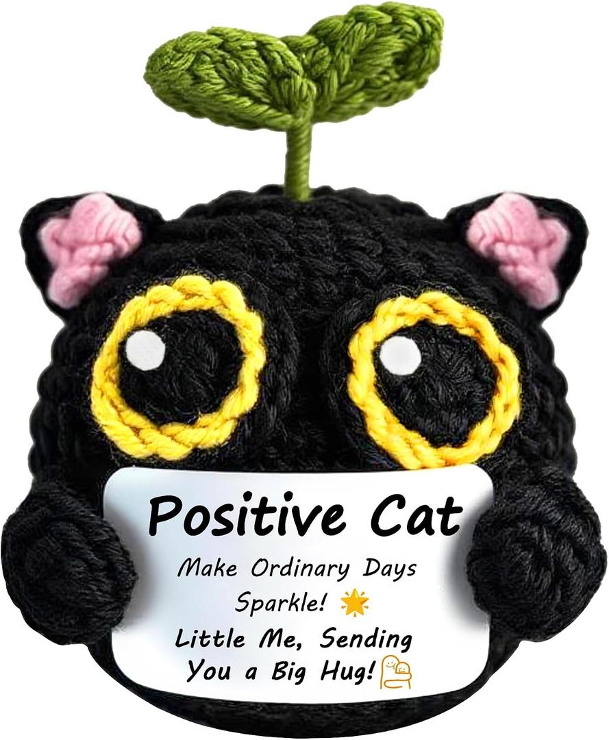 Positive Crochet cat mini Animal Emotional Uplifting Support Gift, Inspiring Crochet Handmade Kitten, for Friends, Women, Men, Mothers on Graduation, Birthday, Christmas(Positive Cat)