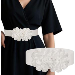 Wide Elastic Flower Belt Stretchy Pearl Waist Belt Stylish Jewelry Accessory for Women Dress, Size: L:fit waist size 34-46 in