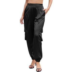 ZAFUL Womens Satin Joggers 2025 Boho Chic Cargo Jogger Pants High Waisted Stretch Silk Ankle Pants Slack Trousers (Black, L)