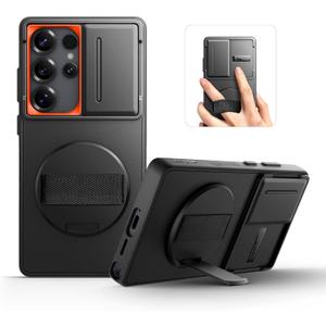 SURITCH for Samsung Galaxy S25 Ultra Case with 360° Rotatable Hand Strap Phone Grip & Invisible Kickstand & Slide Camera Cover, Rugged Shockproof Protective Cover for S25 Ultra Black