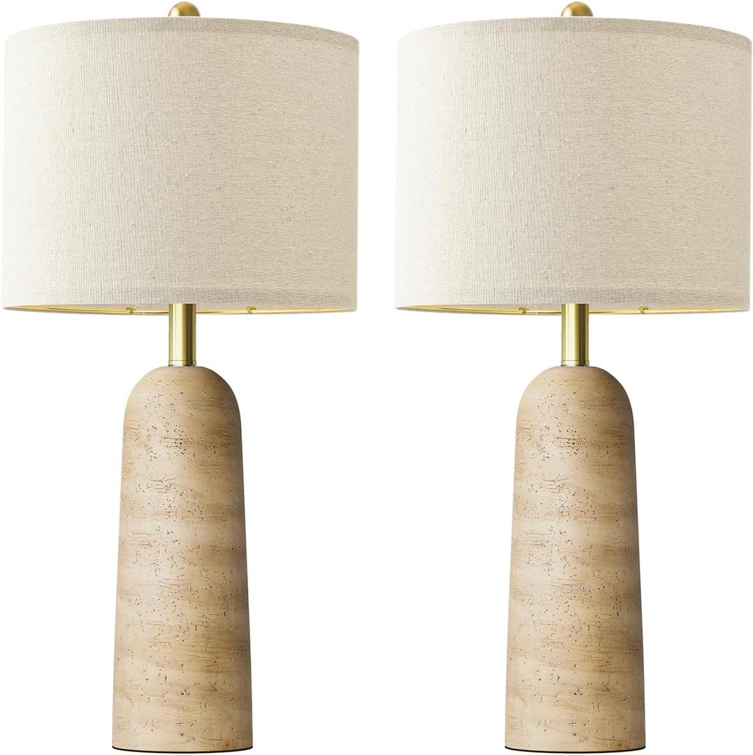 BOBOMOMO 27.25" Modern Table Lamp Set of 2, Warm Beige Resin Lamp with Natural Stone Look, Lamps for Living Room with Linen Shades, Bedside Lamp for Bedroom, Living Room, Nightstand, Entryway